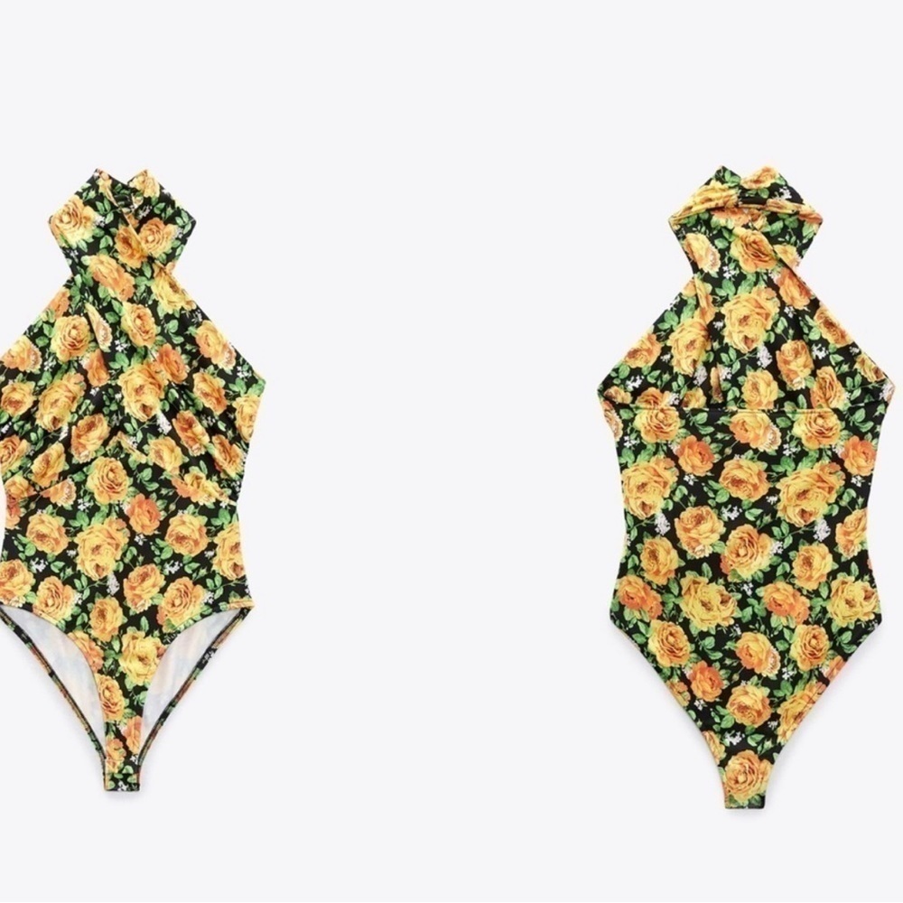 Zara black yellow rose floral flower halter CROSS NECK BODYSUIT Sz L NWT